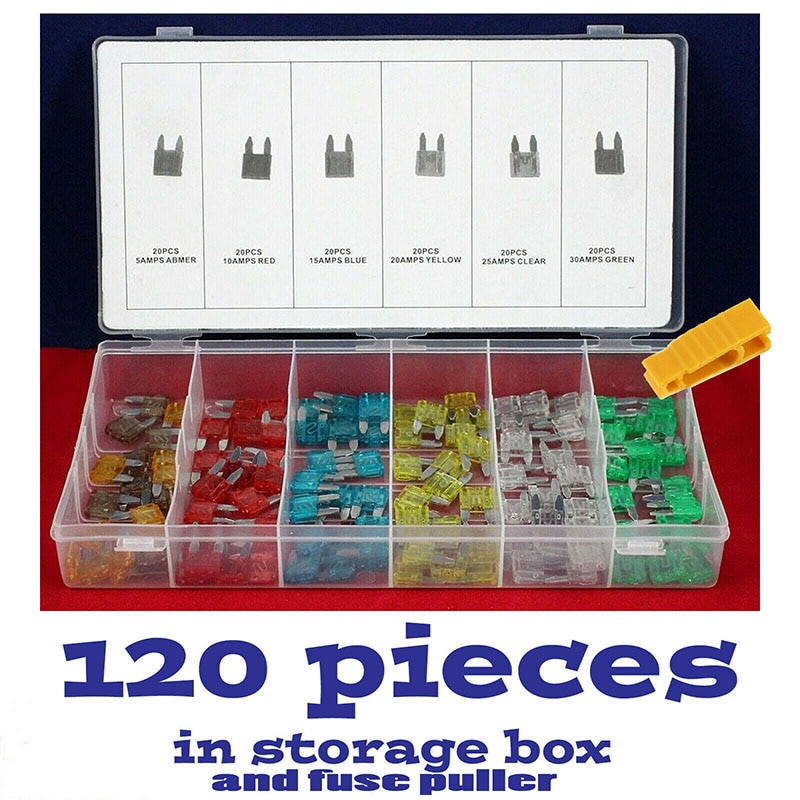 120Pcs Profiel Mini Kleine Size Blade Auto Fuse Assortiment Set Voor Auto Truck 5/10/15/20/25/30A Zekering Met Plastic Doos