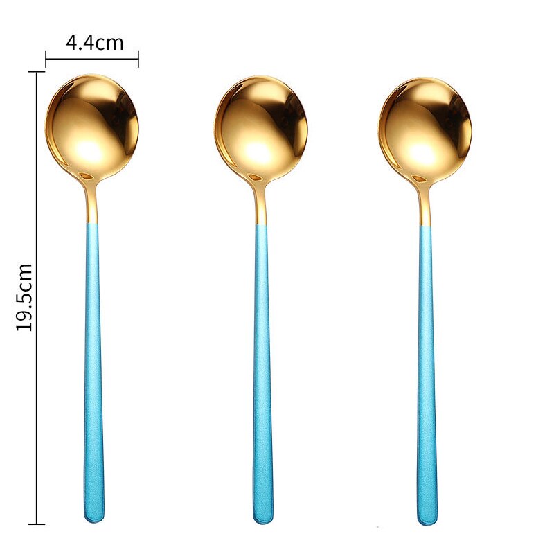 Ensemble de cuillères à thé à Long manche en or, 3 pièces, cuillères à thé en acier inoxydable de alimentaire, pour Dessert, café et crème glacée, accessoires de cuisine: 3pcs blue gold