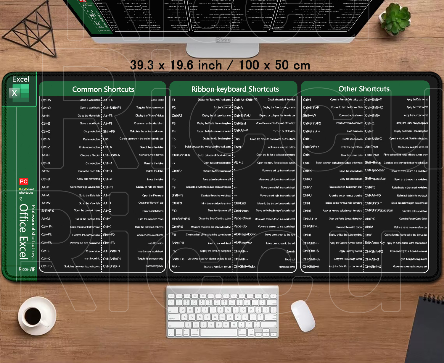 Große erweiterte Bürocomputer-HD-Schreibtischunterlage Riccu Excel Shortcuts Mauspad Xxl-Tastatur-Mauspad mit rutschfester Basis mit genähtem Rand: XS / Licht Grün