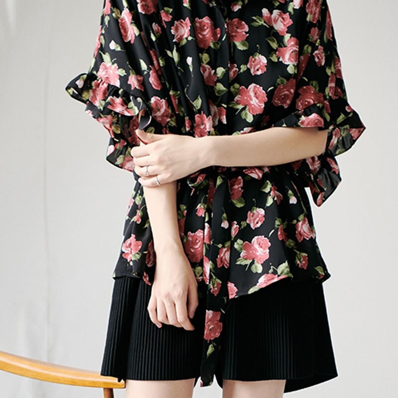 Xitao vintage print kuvio sifonki pusero kiristysnyöri naisten vaatteet kesä plus koko alaspäin kaulus paita  xj4748