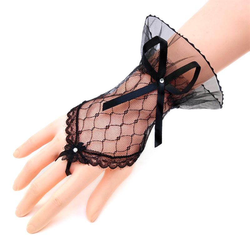 Bridal Wedding Short Fingerless Gloves Rhinestone Bowknot Sheer Lace Mittens