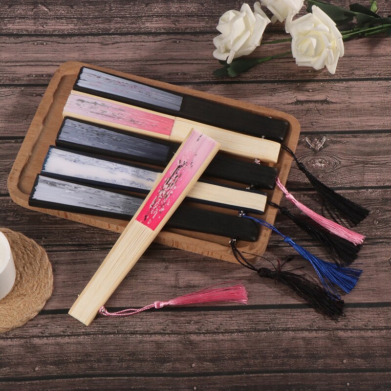1PC Retro Chinese Japanese Silk Bamboo Folding Fan Home Decoration Ornaments Floral Painting Hand Held Fans Dance Party