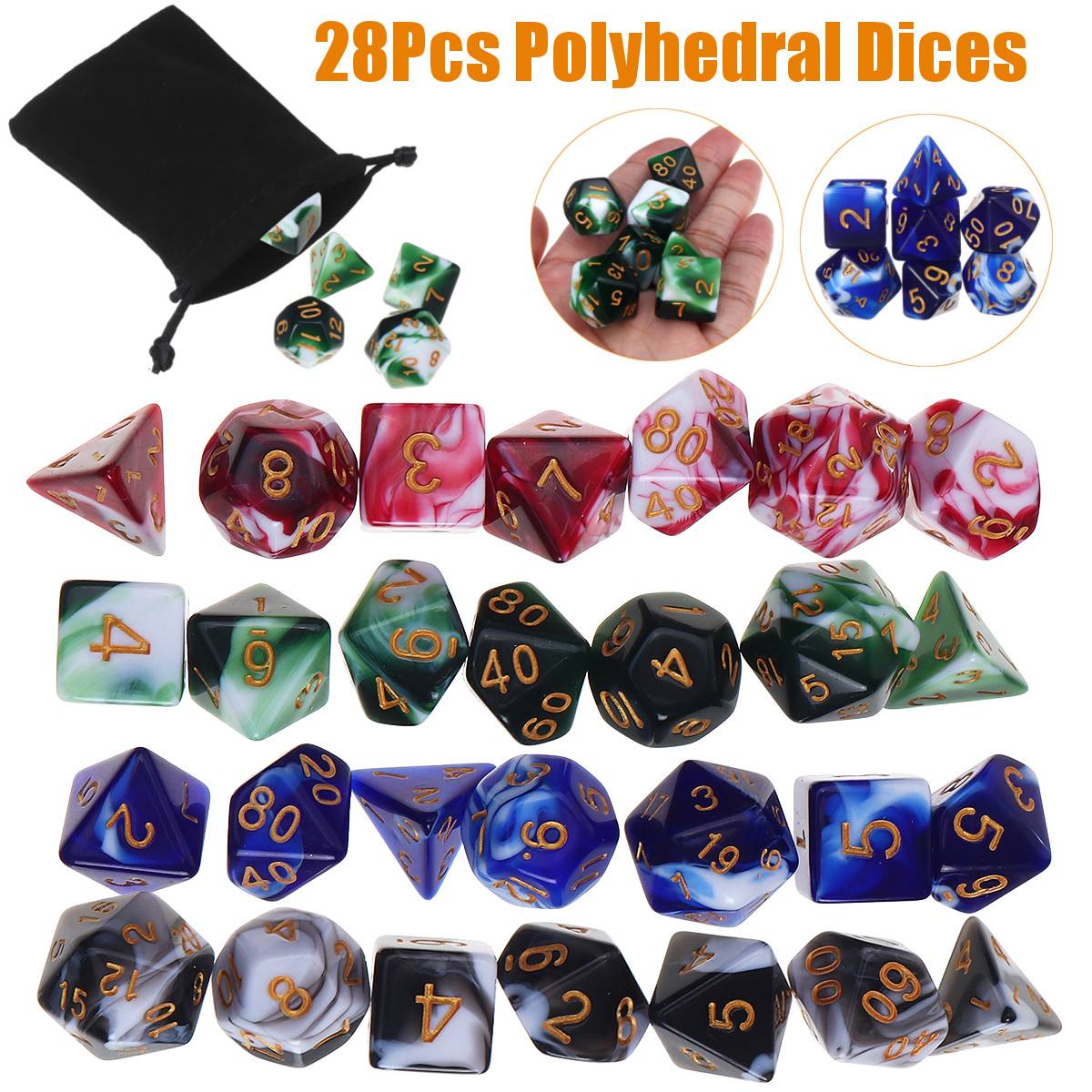 28 pièces/ensemble dés polyèdres Kit de dés avec pochette sac noir pour jeux D20 D12 D10 D8 D6 D4