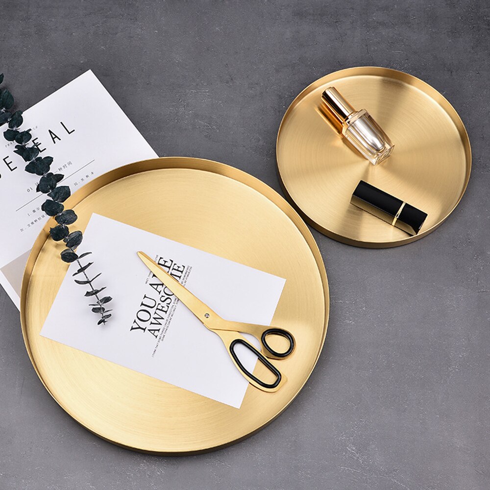Gouden Dienblad Ronde Voedsel Sieraden Display Lade Rvs Ring Ketting Opslag Pan Luxe Thuis Thee Lade Organizer