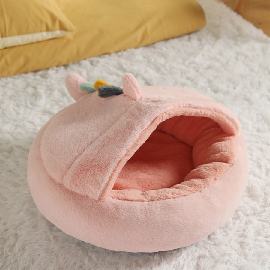 Kawaii cat bed cartoon sculpt soft comfort Cat hous warm Non slip removable Deep sleep Pet bed interesting Cat accessories: Pink / 45cm