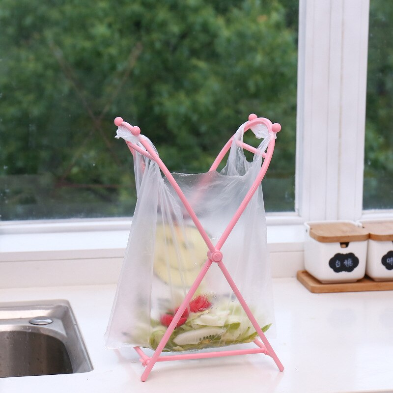 1pcs Convenient Garbage Bag Rack Kitchen Floor Garbage Storage Rack Support Frame Collapsible Garbage Bag Rack Tote Bag Bracket: Pink