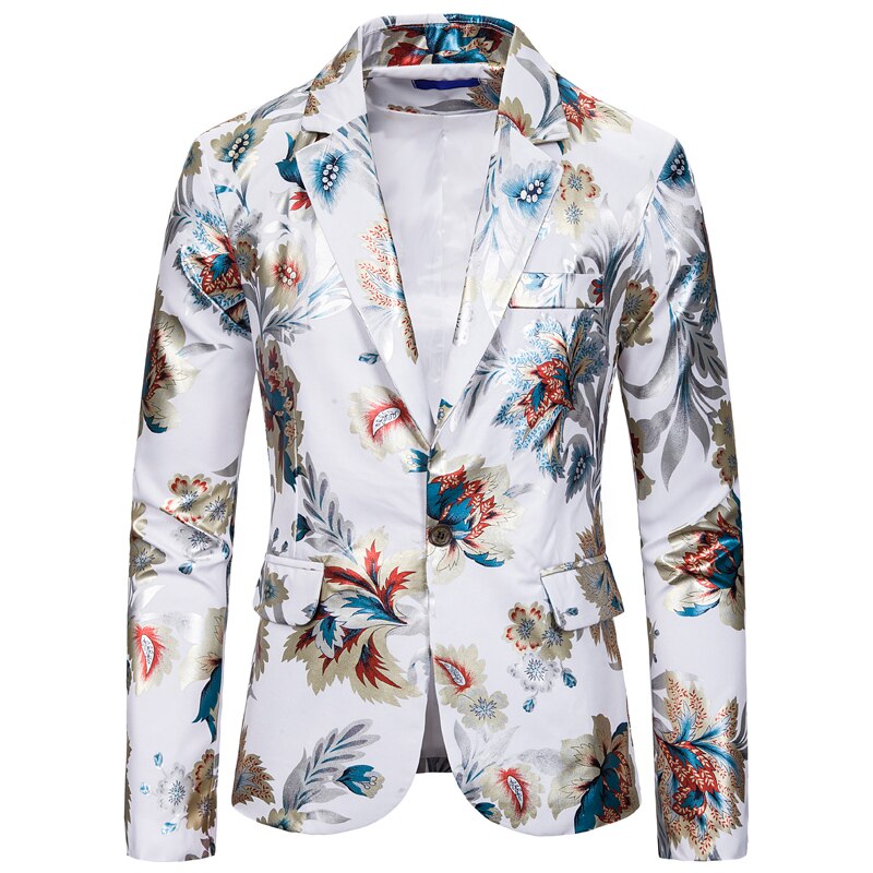 Men&#39;s white high-end one-button suit color bronzing printing suit dress costume/ blazer jacket men / 2022 man blazer: white / M for 47 to 55 kg