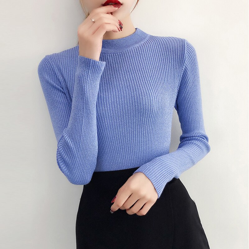 Suéter de lurex brillante para otoño e invierno, jersey de manga larga para mujer, suéteres básicos de cuello alto, tops de punto de estilo coreano para mujer