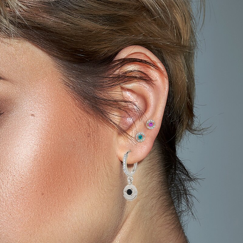 BOAKO 925 Sterling Silver Black Blue Zircon Eye Pendant Hoop Earrings For Women Luxury Bohemian Pave Crystal Circle Earring