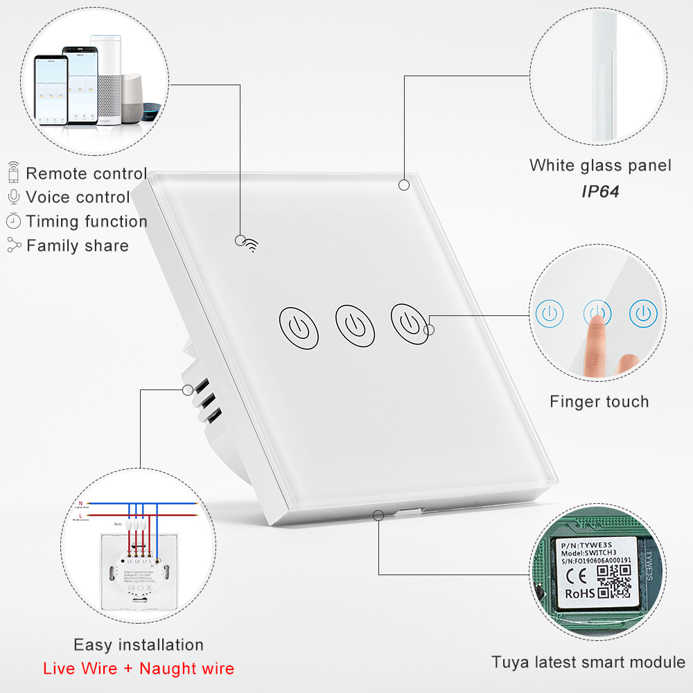 Commutateur de mur de wifi de panneau en verre du commutateur IP64 de lumière de maison intelligente de Tuya wifi avec Alexa Google Home pour la commande vocale et la télécommande