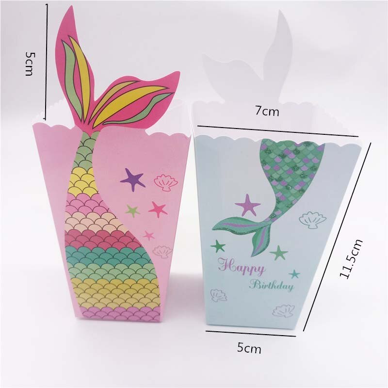 6pcs Mermaid Tail Popcorn Boxes Paper Candy Box Mermaid Birthday Party Decorations Kids Favors Baby Shower Party Supplies