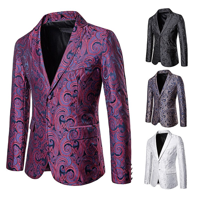 Siteweie herfst winter heren pak casual slank bloemen blazer heren bruiloft feest jas zakelijk vrijetijdskleding jassen  l523: Aubergine / Xl