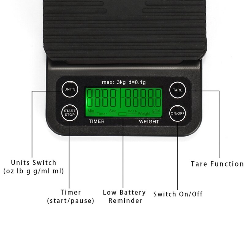 Coffee Scale with Timer High Accuracy Kitchen Food Scale with Tare Function 3KG Max Load 0.1G Precision Sensor