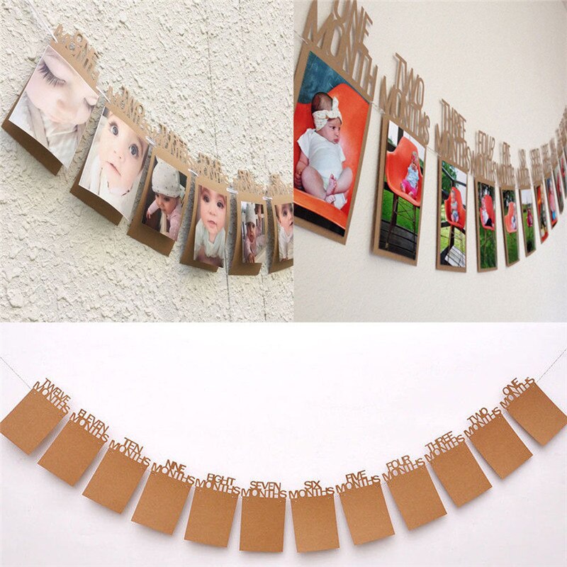 12 stuks verjaardagsfoto's van baby's, banner, babyfoto van 1-12 maanden, slinger, decoratie voor verjaardagsfeestjes