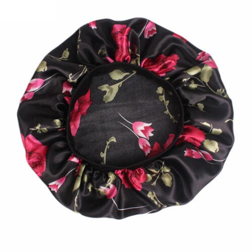 1pc kvinnor satin nattsömn mössa blommig leopardmönstrad nattmössa hår huva hatt siden huvudskydd breda elastiska party cosplay hattar: Svart
