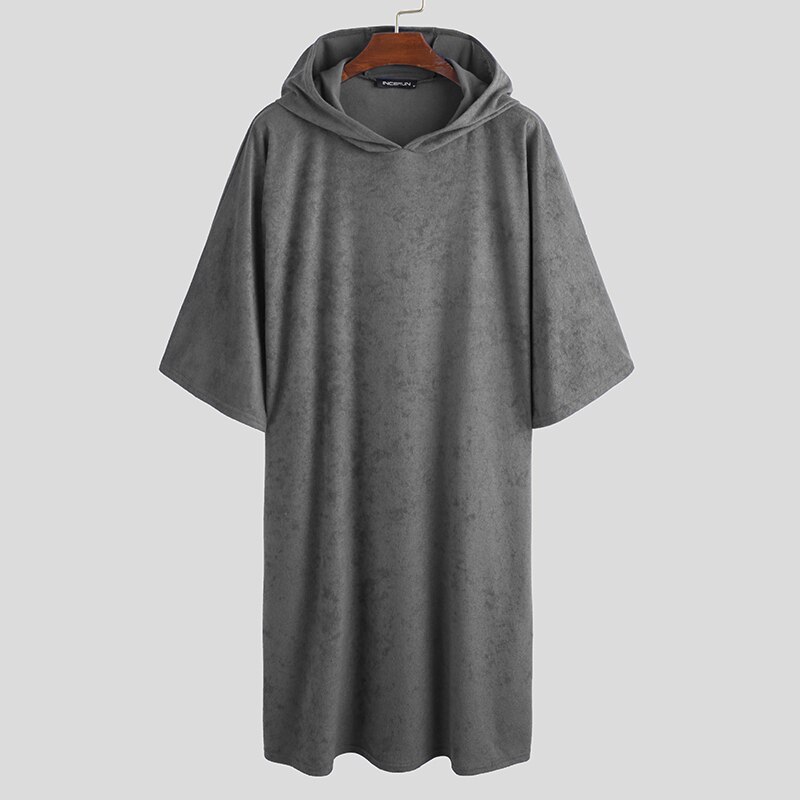 Men Bathrobes Solid Hooded Half Sleeve Leisure Towel Robes Comfortable Homewear Mens Nightgown Bathrobes Poncho INCERUN S-5XL: Light Grey / S