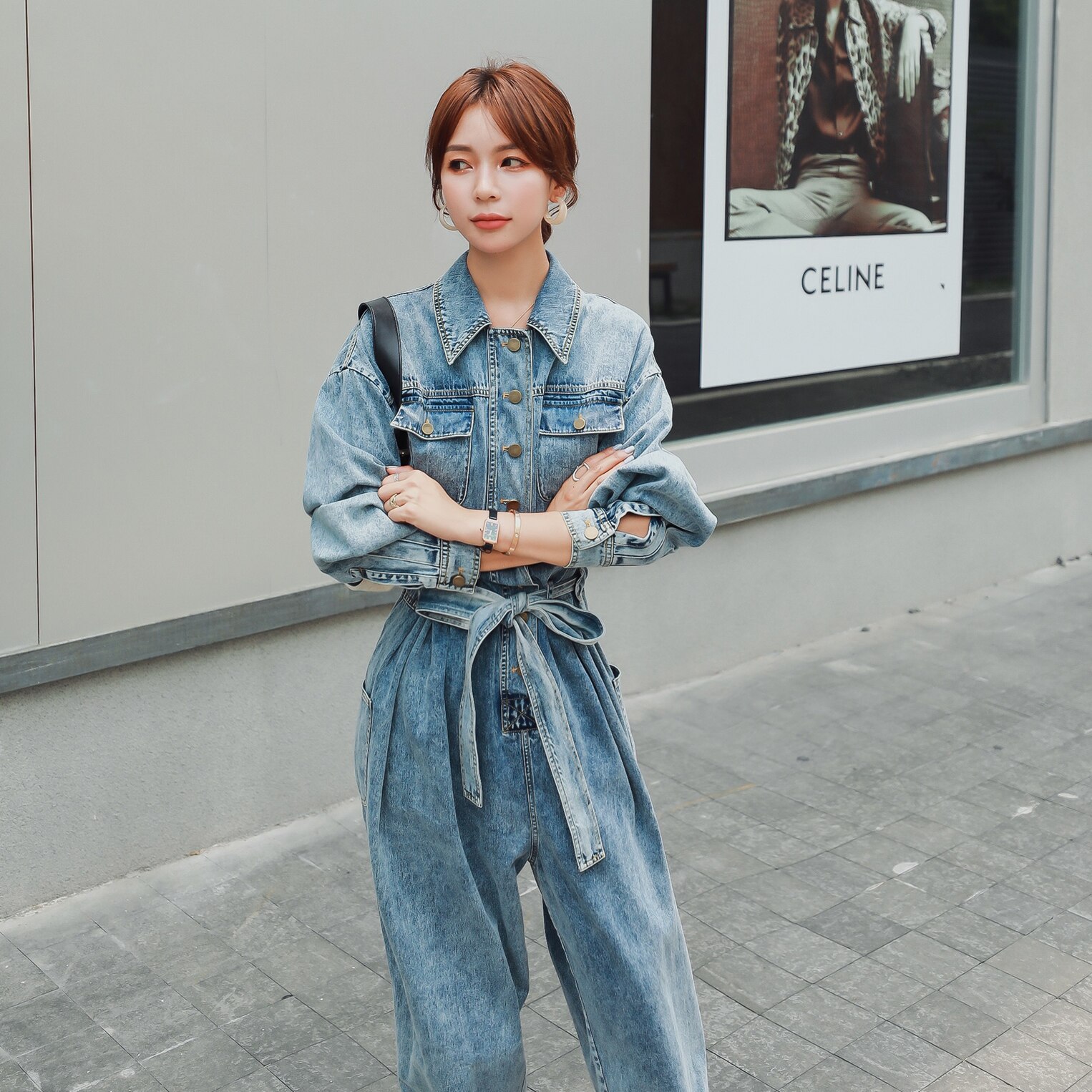 Kvinder lange ærmer brede ben jeans bandage denim jumpsuit kvindelige streetwear hip hop løs afslappet harem one piece bukser overalls