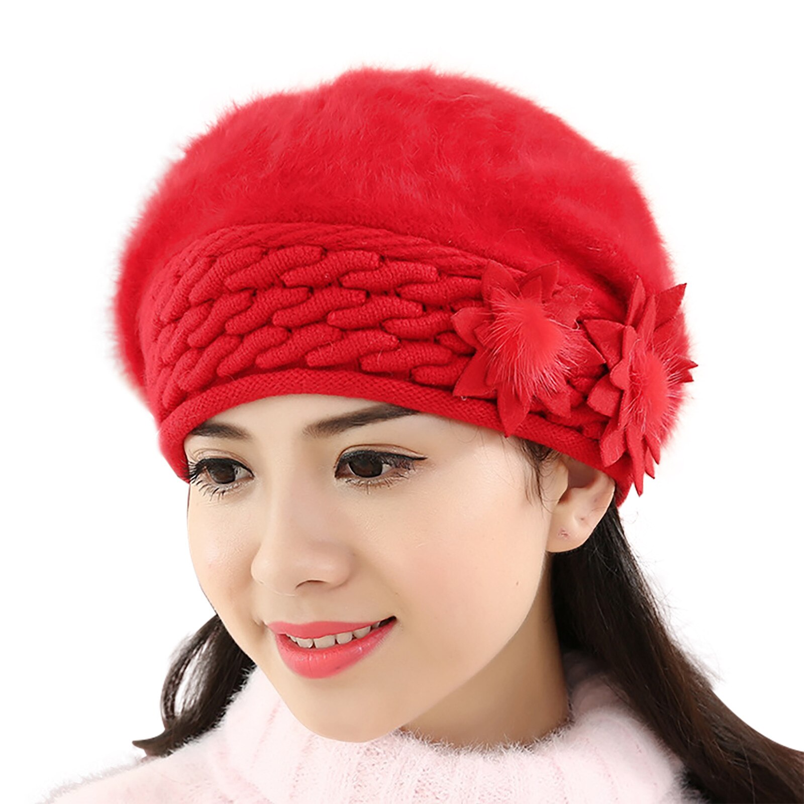 Beret Women Winter Hat Beanie Warm Knit Flower Double Layers Soft Thick Thermal Snow Skiing Outdoor Hats For Female Caps: Red 