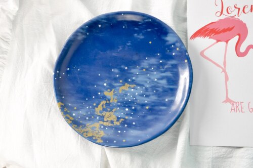 Styl skandynawski gwiaździsty niebieski talerz aksamitne ceramiczne talerze dekoracyjne ceramiczne okrągłe zastawa stołowa domowe talerze dekoracyjne talerz śniadaniowy: niebieski niebo
