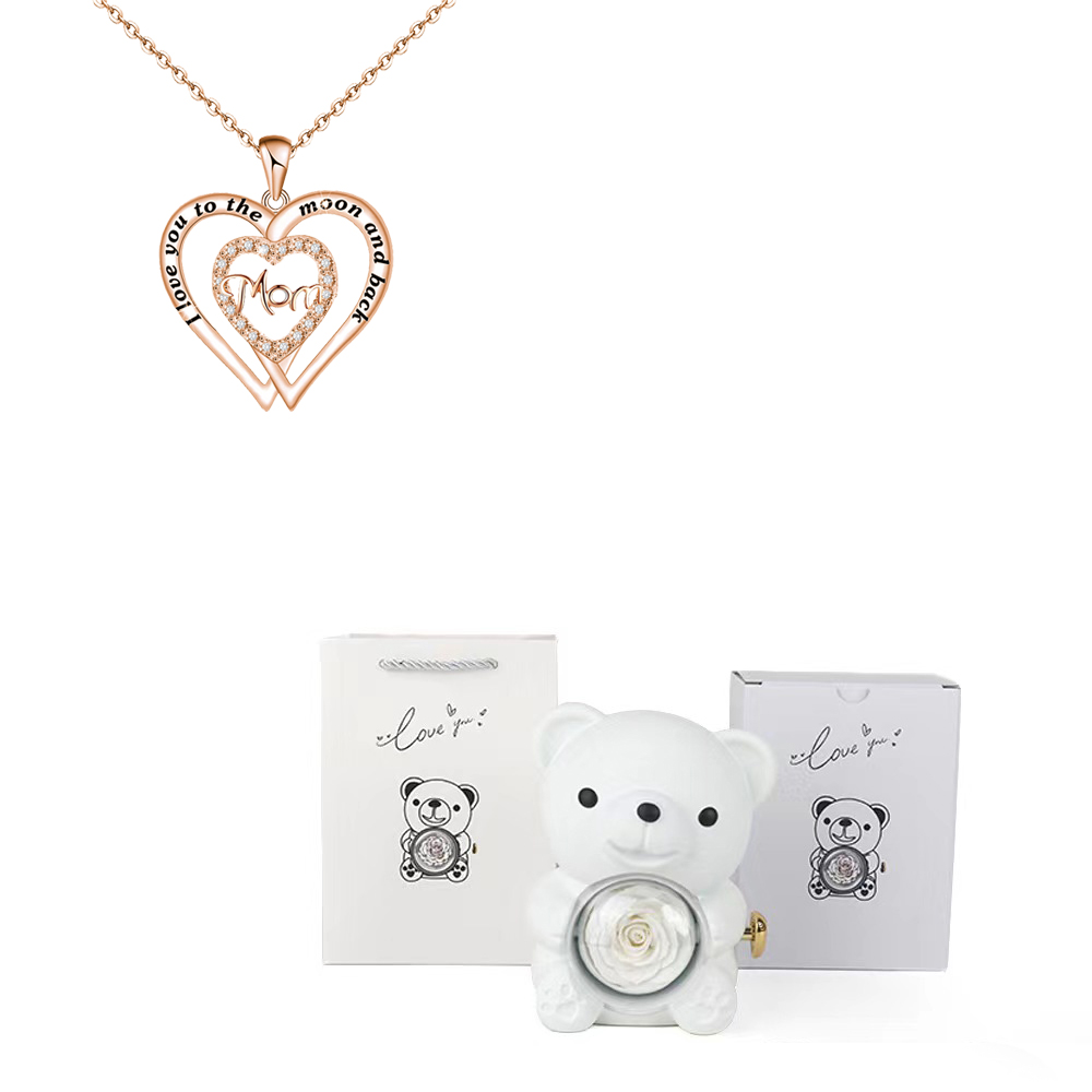 Collares con colgante de mamá de circón en forma de corazón con caja de de flor rosa de oso bonito adecuada para Navidad Día de la madre sorpresa romántica: Azul de zinc