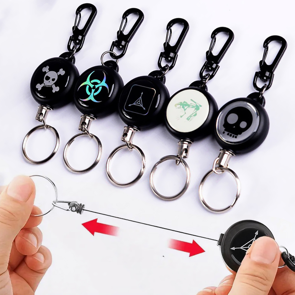LLavero retráctil negro, llavero con insignia de identificación antipérdida con cuerda de alambre de acero elástica, accesorios para mochila, herramienta para exteriores