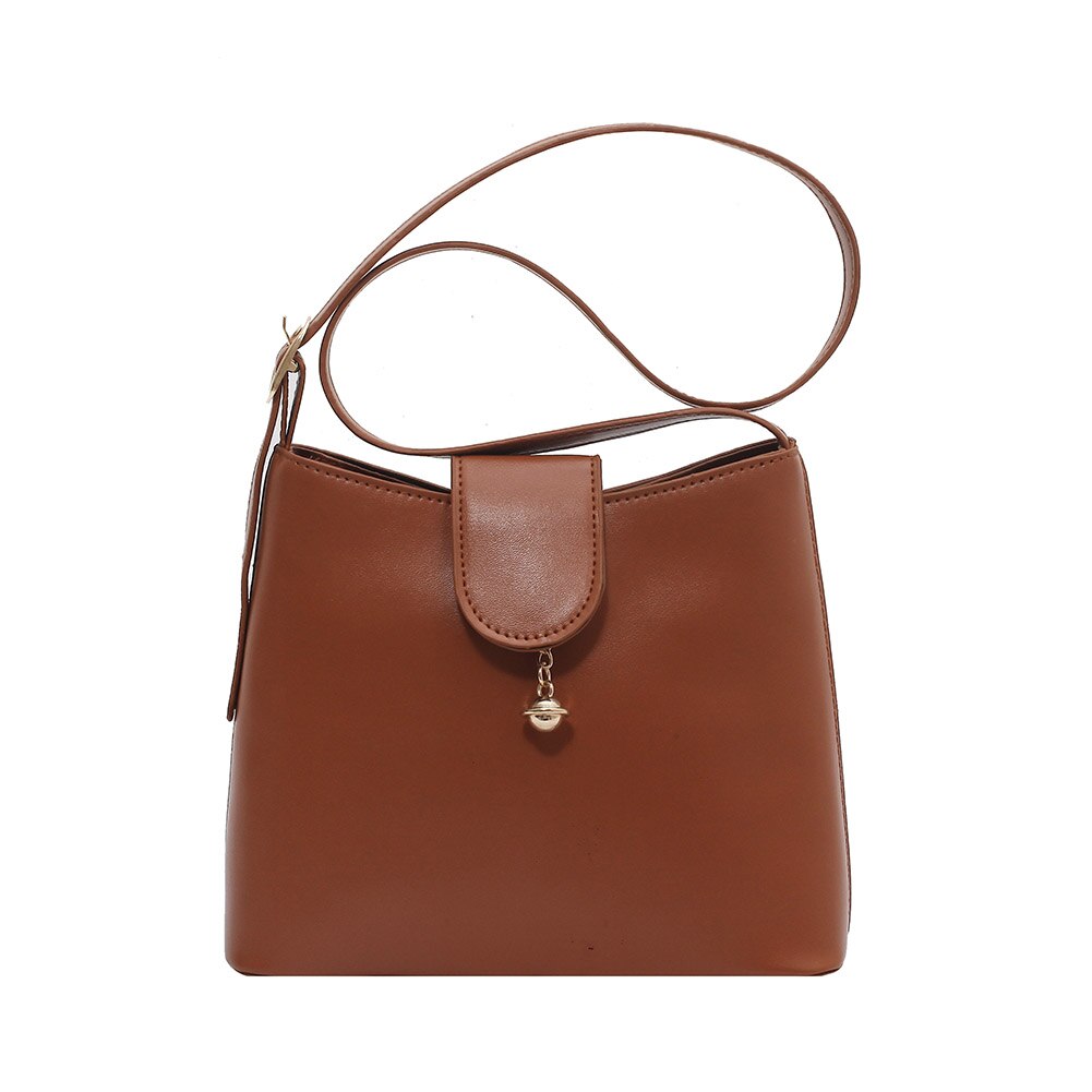 Women PU Leather Pure Color Crossbody Shoulder Messenger Bag Ladies Vintage Zipper Bucket Bags: Brown