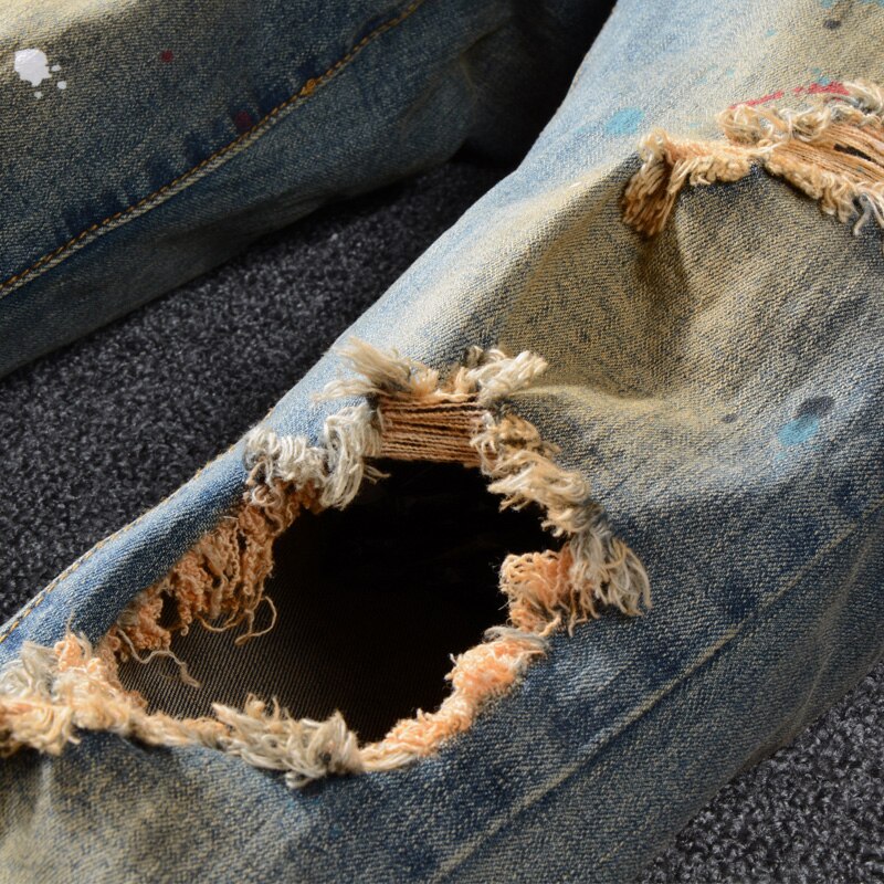 Streetwear heren jeans retro geel gewassen destroyed ripped jeans stretch paint hiphop jeans heren