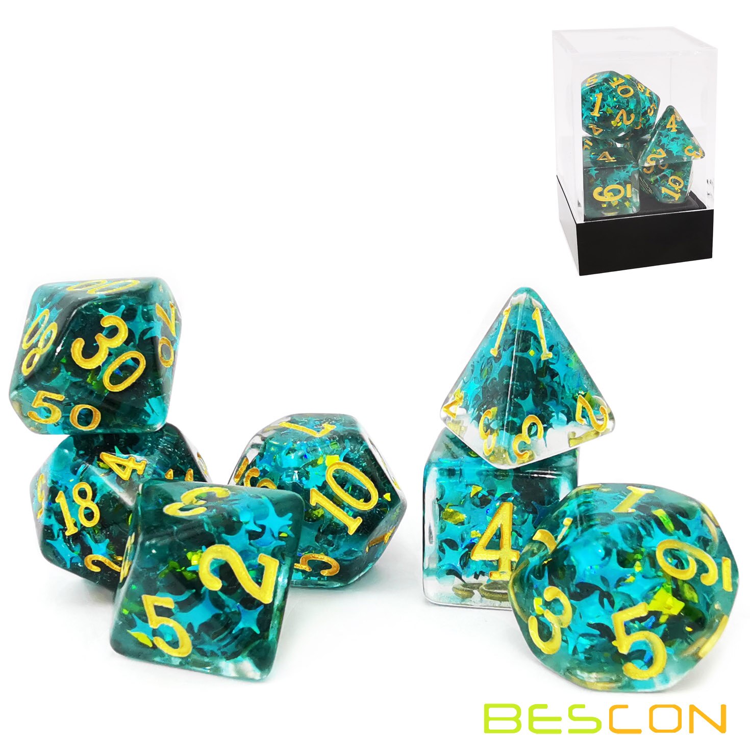 Bescon Dichte-Core Polyhedrale Dobbelstenen Set Van Zee Blauw, Rpg 7-Dice Set In Baksteen Doos Verpakking