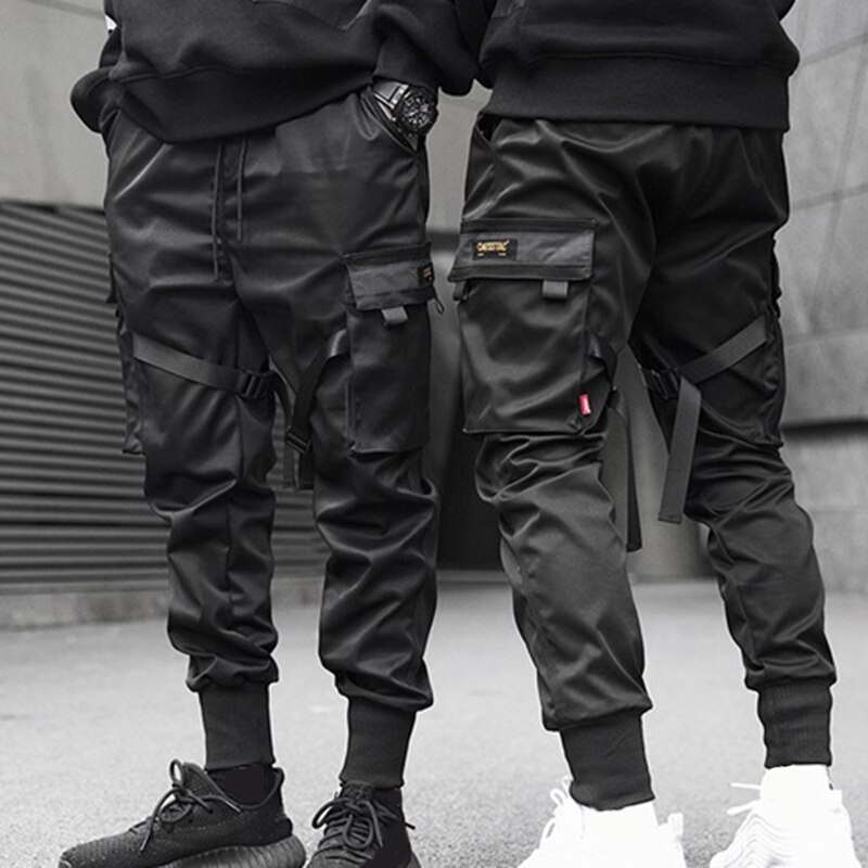 Fahsion Men Ribbons Color Block Black Pockets Cargo Pants Harem Joggers Harajuku Sweatpant Hip Hop Trousers