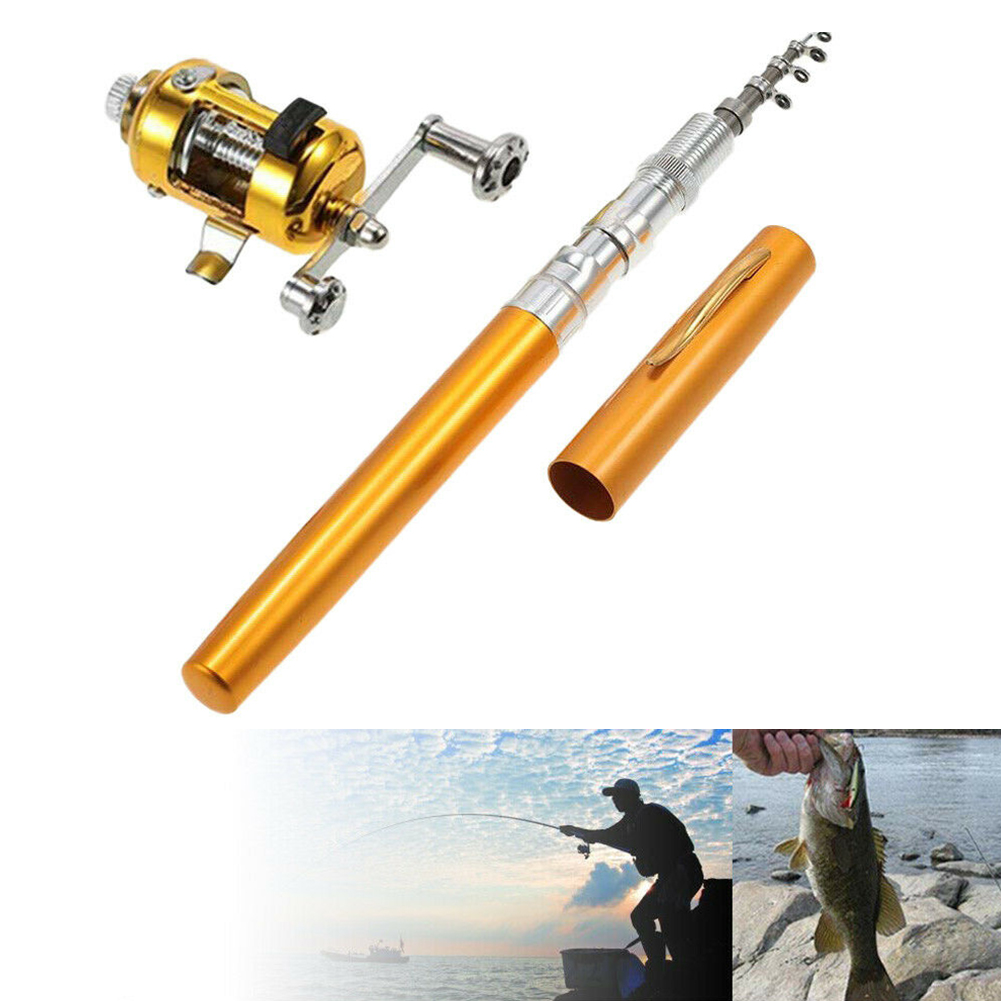Mini canne à pêche télescopique de poche Portable, pliable en forme de stylo, avec moulinet, pour l&#39;extérieur, pêche en lac et en rivière