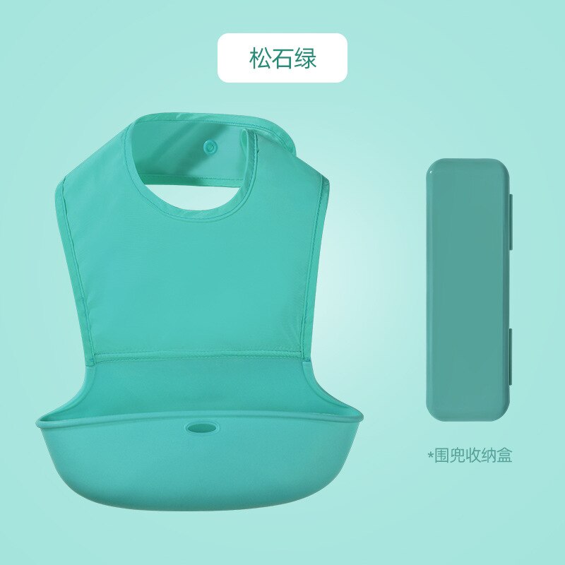 Baby Bib Pure Kleur Siliconen Waterdicht Bib Drie-Dimensionale Speeksel Pocket Gratis Opbergdoos: Dark green