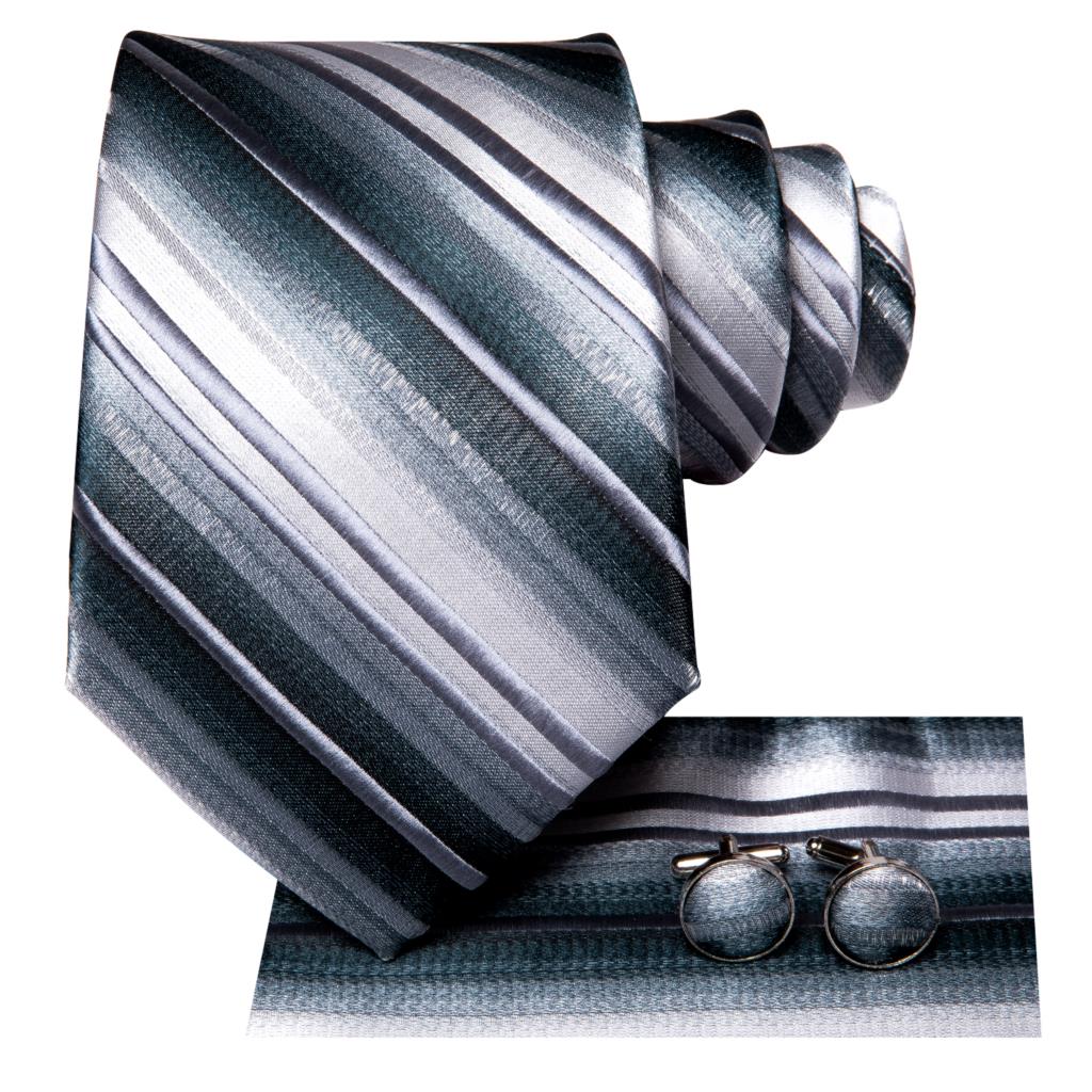 Hi-Tie Silk Wedding Tie For Men Black White Striped Handky Cufflink Necktie For Men Business Party Dropshiping