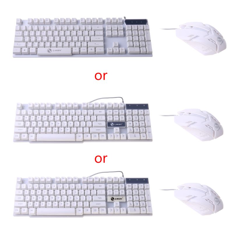 1 sett led lys bakgrunnsbelysning mekanisk følelse gaming tastatur og kablet mus combo sett led lys for datamaskin pc: Hvit