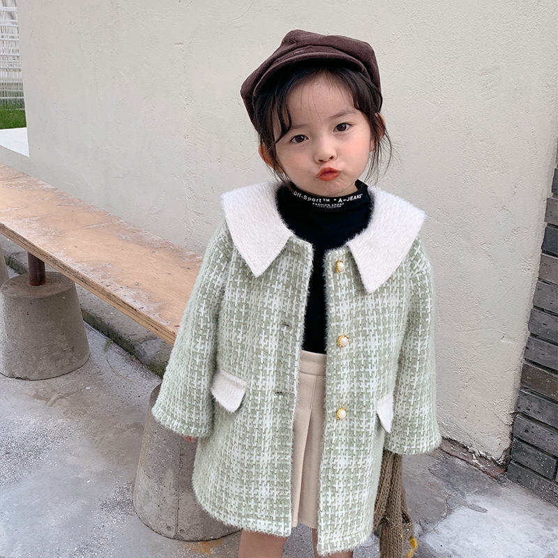 Winter koreaanse kinderkleding babymeisjes omslagkraag enkelrijs geruite prinses wollen jas 2-8 jaar kinderjas: Groente / 3t