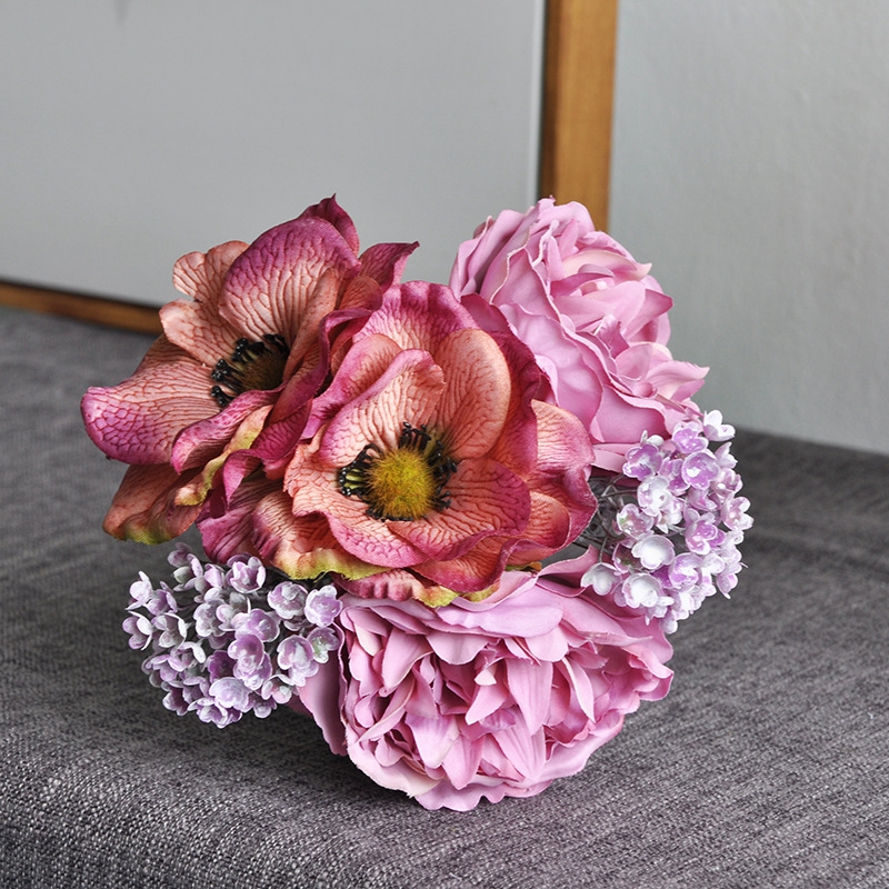Nordic Pioen Boeket Kunstmatige Bloem Bruiloft Bruid Bedrijf Nep Bloemen Eenvoudige Hand Tie Anemone Valentijnsdag Boeket: Fuchsia