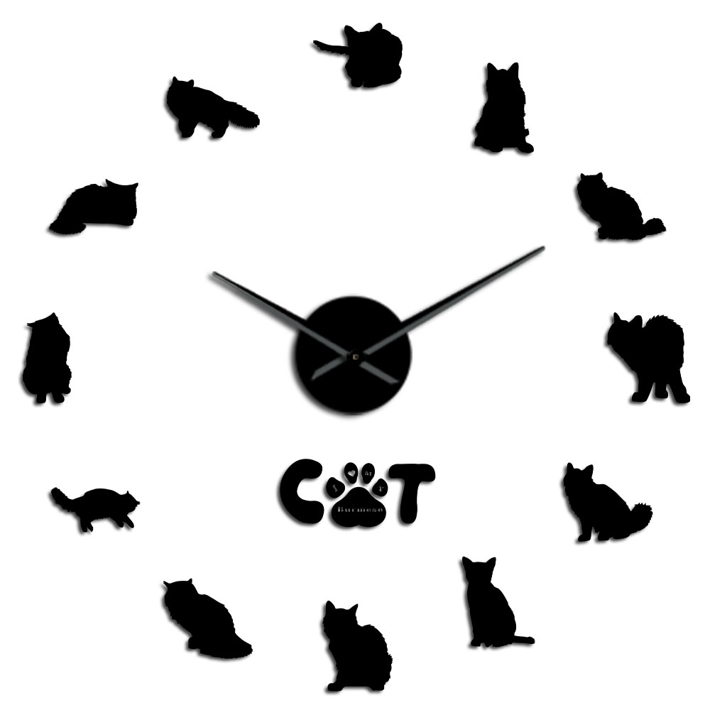 Burmese Cat DIY Acrylic Wall Clock For Bedroom Wall Decor Cat Breed Silent Quartz Big Time Clock With Acrylic Mirror Sticker: Black / 47inch