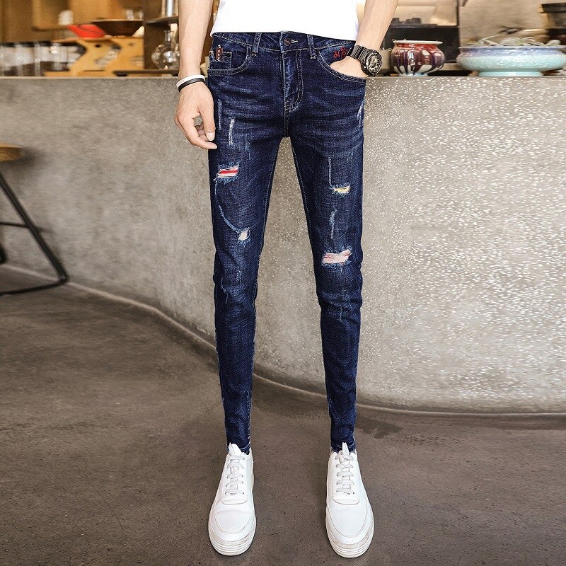 Pantalones vaqueros rasgados elásticos para adolescentes, jeans de informales para hombre, pantalones de pitillo ajustados coreanos para estudiantes,