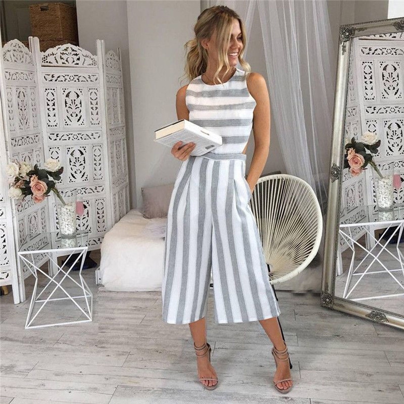 Summer Casual Women Jumpsuits Striped Slim Sleeveless O-Neck Backless Wide Leg Pants Jumpsuits