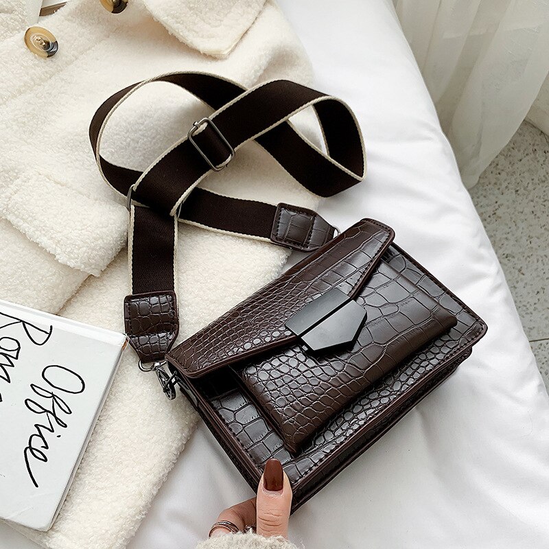 Stone Pattern Handbag Ladies Small Simple Style Shoulder Bag Vintage Wide Shoulder Strap Messenger Bags Wallet: Brown