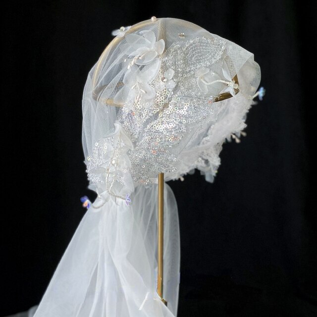 Voile long en dentelle féerique, belle coiffure, maille de gaze blanche, accessoires de cheveux pour mariage: WHITE