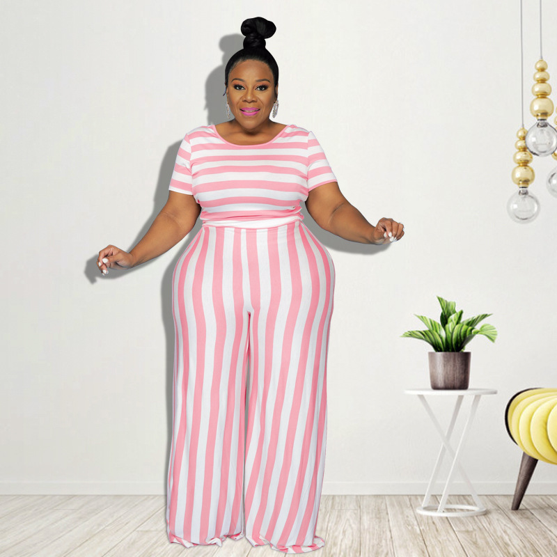 CM.YAYA Women Plus Size Tracksuit Striped Short Sleeve O-neck Tops Wide Leg Loose Pants Two 2 Piece Sets Casual Outfit Summer: Pink / XL