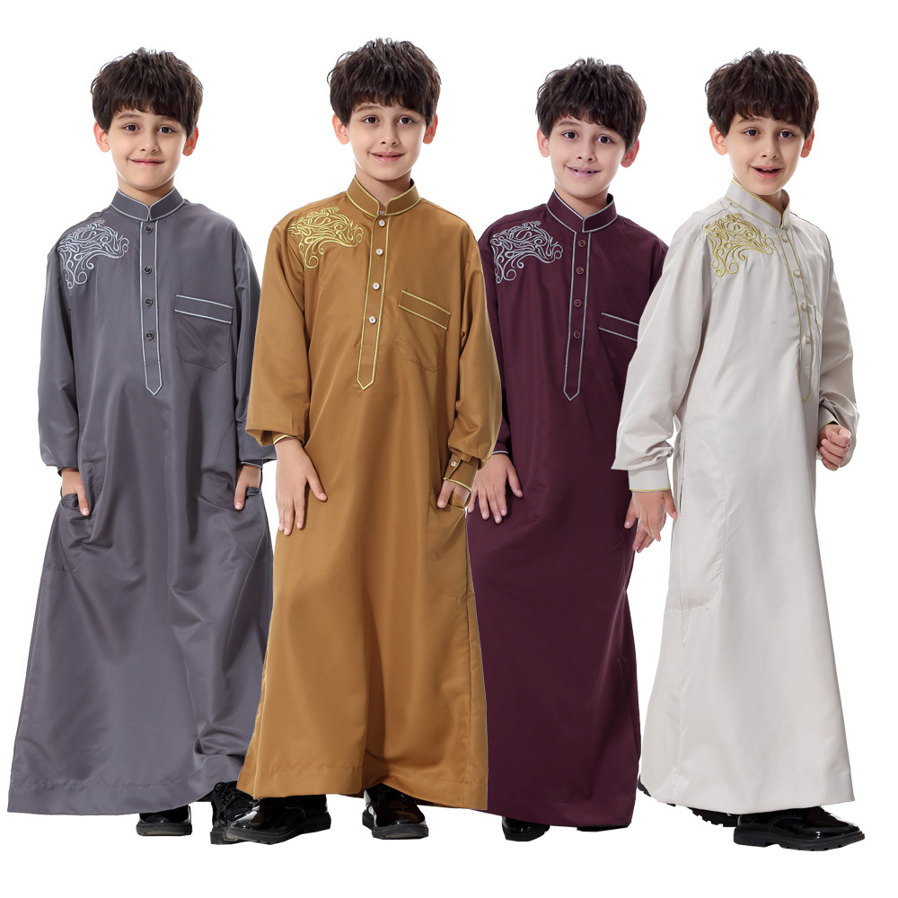 Arabische Moslim Kids Boy Jubba Thobe Abaya Kimono Lange Jurk Kaftan Voor Kinderen Islamitische Kleding Lange Gewaden Jurk Dubai Arab