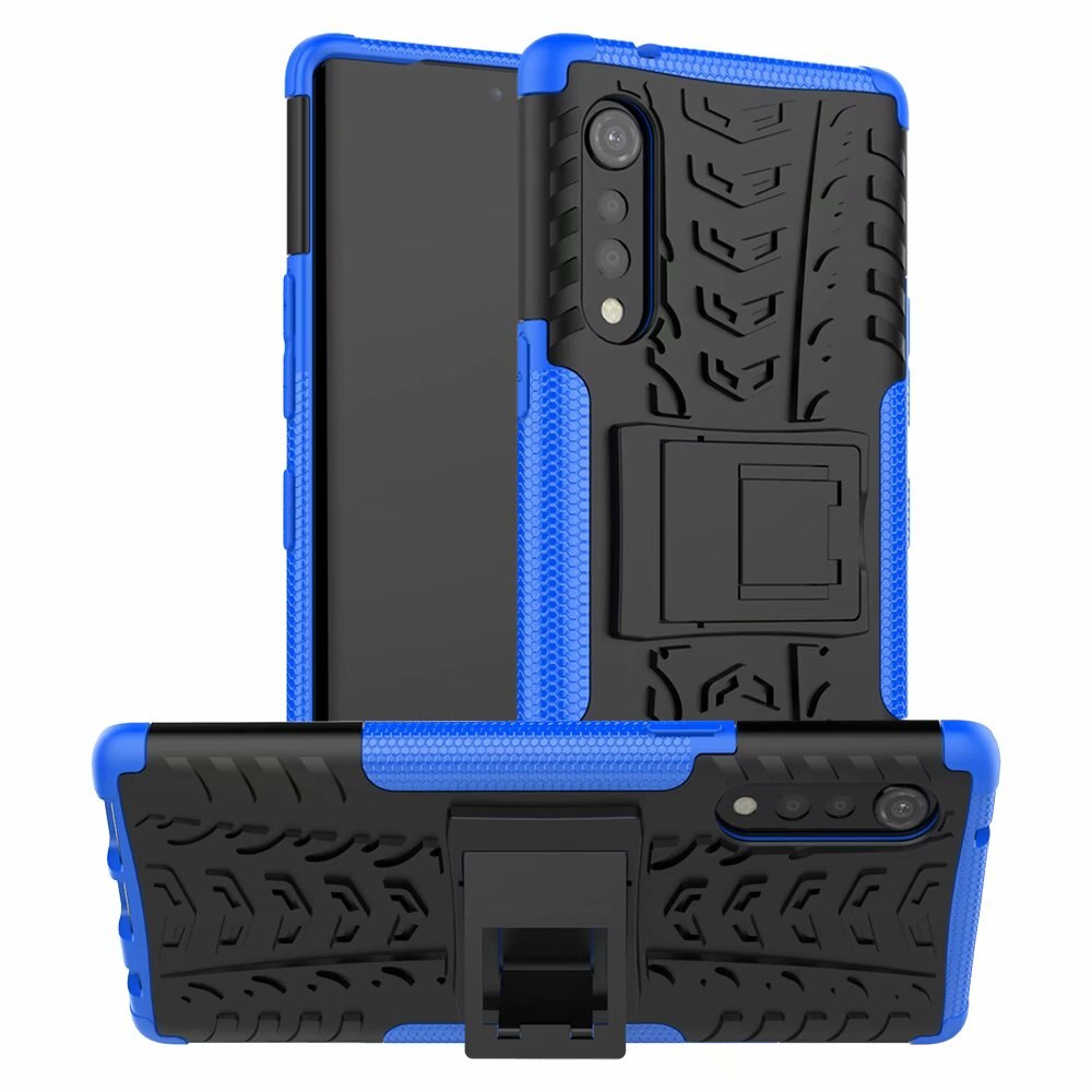 Casos de telefone armadura para lg veludo caso duro + vidro temperado híbrido tpu resistente suporte g9 capa: Azul / Case and Tem Glass