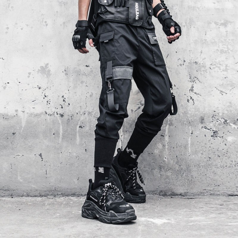 HOUZHOU-pantalones Cargo negros para hombre, ropa de calle japonesa, Hip Hop, gótico, cintas empalmadas