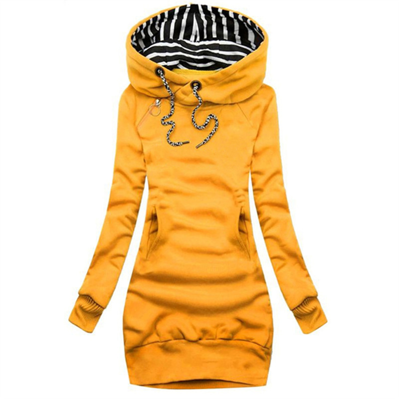 Hoodieklänning avslappnad enfärgad långärmad hoodieklänning med dragsko smal hoodieklänning med tröja: M / Gul