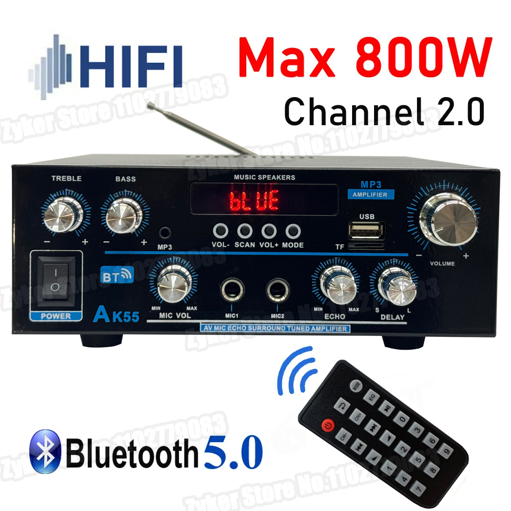 AK55 Wzmacniacz cyfrowy HiFi Max Power 90Wx2 Channel 2.0 Bluetooth Surround Sound AMP Głośnik do domowego samochodu BT 5.0 Wzmacniacz audio