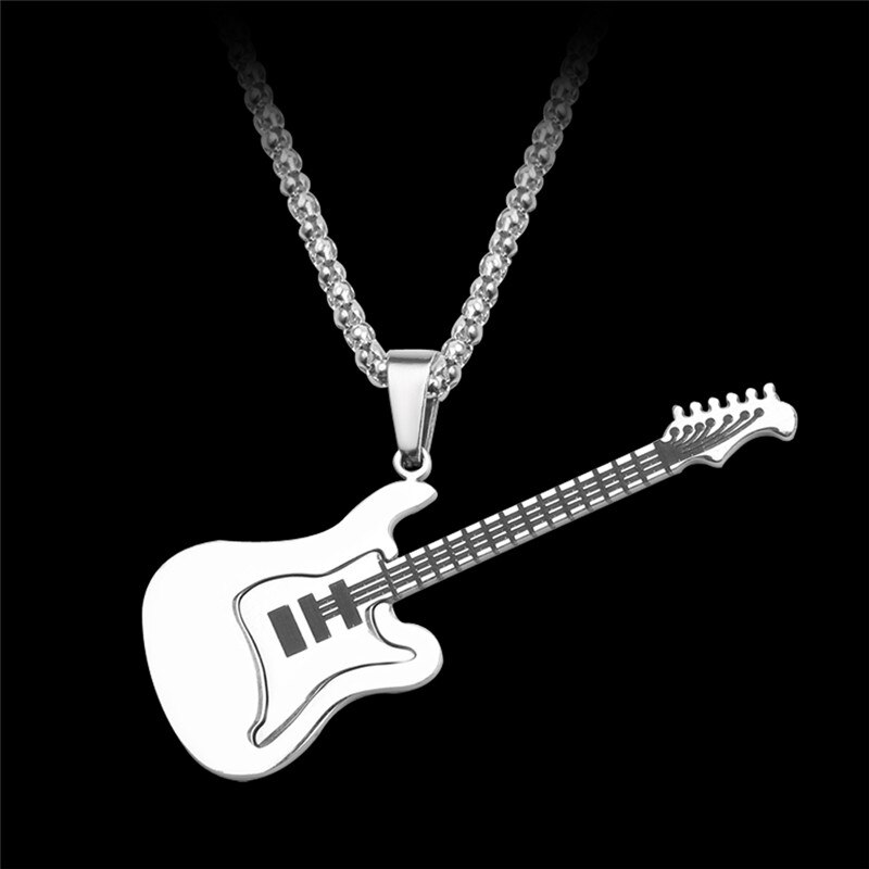 Hip Hop Gold Black Silver Color Men Women Stainless Steel Rock Music Guitar Pendant Jewelry Chain Necklace bijoux: 2