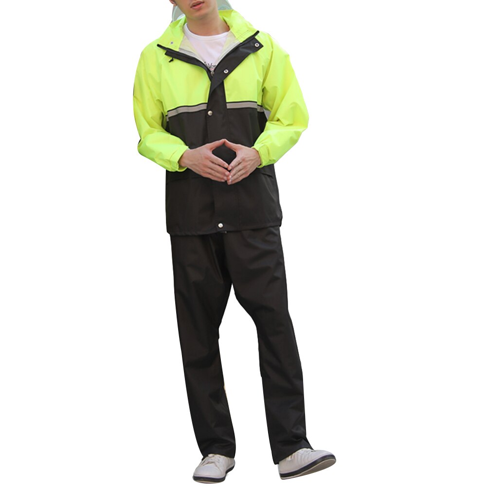 Two-piece Unisex High Visibility Reflective Hooded Raincoat Pants Set Rain Suit men coats with Face mask screen: Fluorescent Green / XXXXL