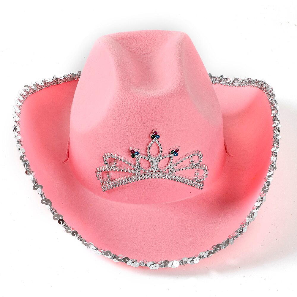 Cowboyhat i westernstil pink #39 til kvinder skæv bred skygge med pailletter dekoration krone tiara cowgirl hat