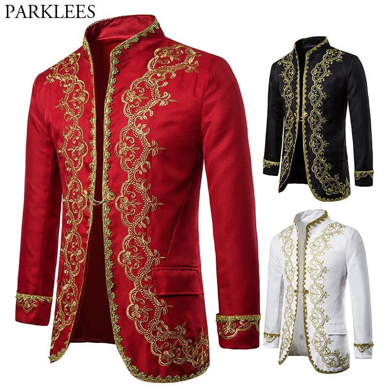 Men Red Blazer Gold Embroidery Baroque Mens Blazer Luxury Dress Blazers Men Performance Stage Palace Costume Men Blazer Hombre